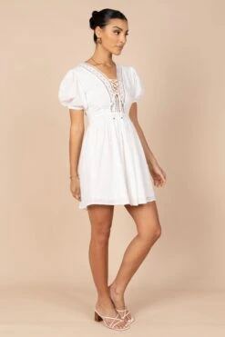Mayde Tie Up Front Mini Dress - White -Fashion Dress petal and pup usa dresses mayde tie up front mini dress white 32341312209073