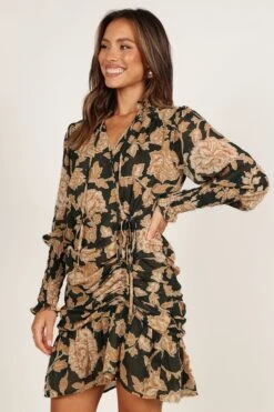 Micha Ruched High Neck Mini Dress - Pine/Gold -Fashion Dress petal and pup usa dresses micha ruched high neck mini dress pine gold 33231696887985