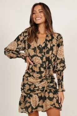 Micha Ruched High Neck Mini Dress - Pine/Gold -Fashion Dress petal and pup usa dresses micha ruched high neck mini dress pine gold 33231696986289