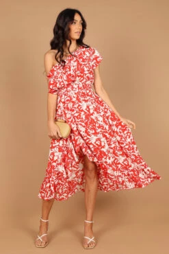 Millie Off Shoulder Tiered Midi Dress - Red Floral
