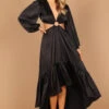 Minnow Satin Ruffle Tier O-Ring Cut Out Maxi Dress - Black -Fashion Dress petal and pup usa dresses minnow satin ruffle tier o ring cut out maxi dress black 32589111853233