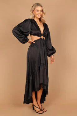 Minnow Satin Ruffle Tier O-Ring Cut Out Maxi Dress - Black -Fashion Dress petal and pup usa dresses minnow satin ruffle tier o ring cut out maxi dress black 32589111951537