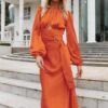 Sanderson Long Sleeve Wrap Maxi Dress - Orange -Fashion Dress petal and pup usa dresses sanderson long sleeve wrap maxi dress orange 32432942481585
