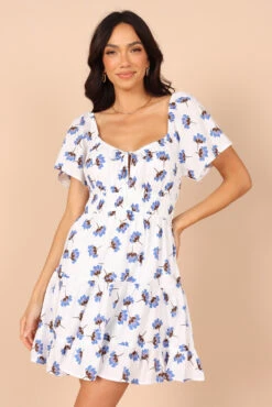 Winterspoon Shirred Waist Mini Dress - White/Blue Floral