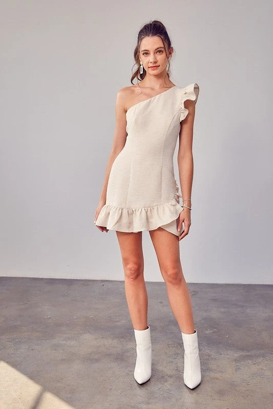 Monet One Shoulder Ruffle Mini Dress - Ivory 3 Monet One Shoulder Ruffle Mini Dress - Ivory - Image 2