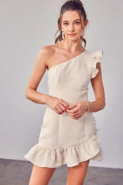 Monet One Shoulder Ruffle Mini Dress - Ivory 10 Monet One Shoulder Ruffle Mini Dress - Ivory -Fashion Dress petal and pup usa one shoulder detail ruffle dress ivory s 33524481294513
