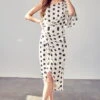Daisy One Shoulder Midi Dress - Black Polka Dot -Fashion Dress petal and pup usa one shoulder wrap dress 33524481884337